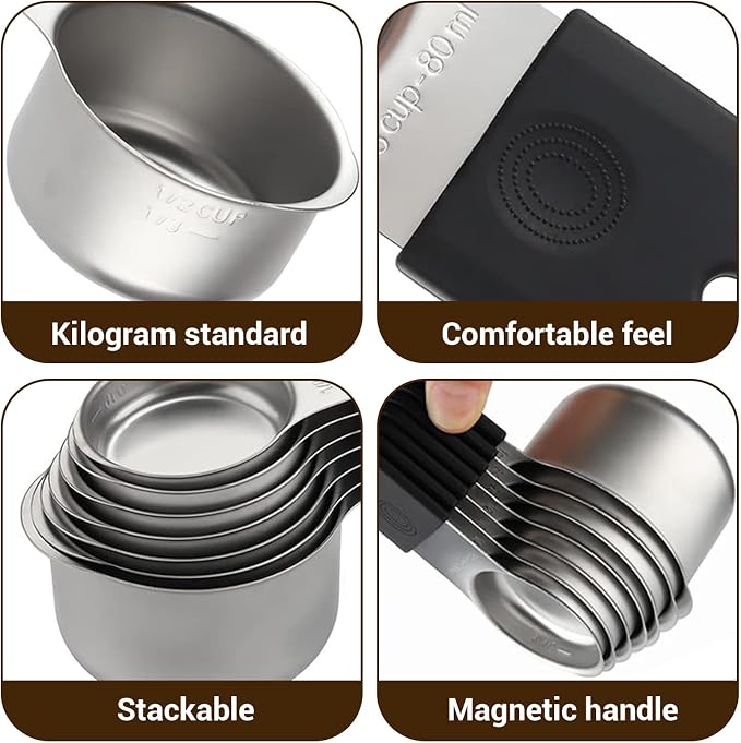 Magnetic Measuring Cups and Spoons Set 16 Piece, 304 Stainless Steel Measuring Cups Spoons with Leveler, Double Engraved Markings, Nesting Magnetic Design, Black Handle, for Baking Cooking Dry Liquid