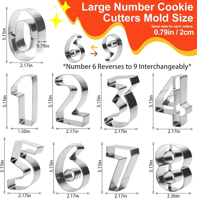 ofone Large Number Cookie Cutters (0-9), 3 Inches Stainless Steel Fondant Cutter Set, 9pcs Numbers Biscuit Molds for Baking Cake Clay