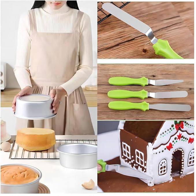 Cake Cream Spatulas, 3 Pieces of Cake Angled Spatula with Stainless Steel, Professional Cake Decorating, Pastry & Baking, Icing Frosting Cream Chocolate Cake Spatula (3 Pcs Green)