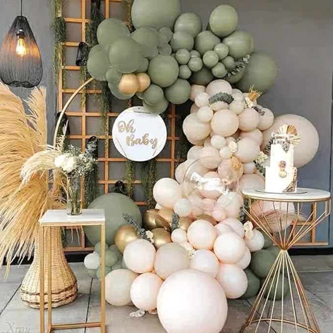 PartyWoo Sage Green Balloon Arch Kit Garland 140pcs Different Sizes of 18 12 10 5 Inch Olive Dusty Boho Green White Gold Confetti Balloons for Baby Shower Graduation Birthday Party Decorations