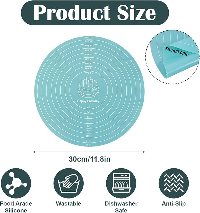 Round Silicone Baking Mat, 11.8In Baking Mat for Rolling out Dough, Round Silicone Mats, Heat Resistant Pastry Bakings Mats with Size Measurement Specification, Non-Stick, Blue