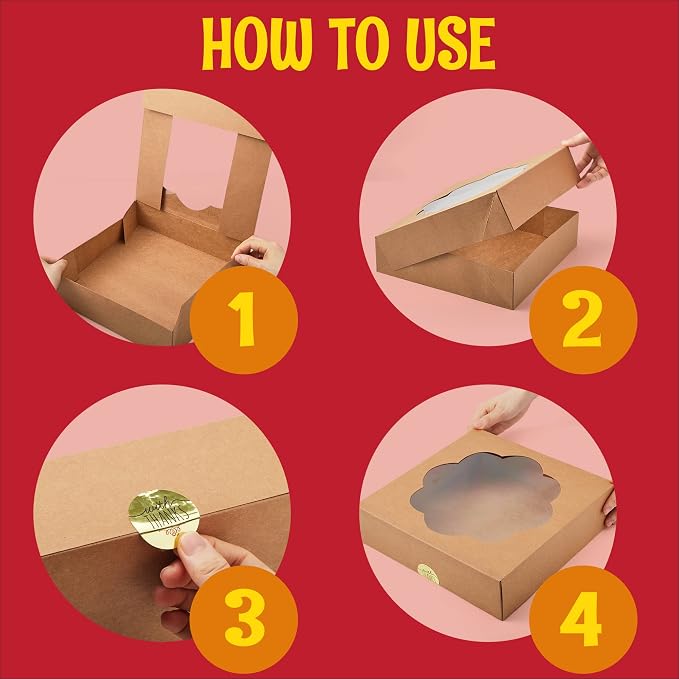 JOYIN 15 Pcs 10x10x2.5 inch Designer Kraft Bakery Boxes with Stickers, Perfect for Cakes, Pies, Cookies, Muffins, Thanksgiving & Christmas