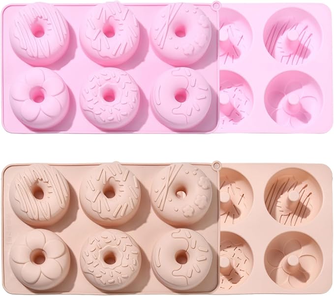 Ipotkitt Donut Shape Baking Silicone Molds Dessert Food Baking Tool Molds for Chocolate Jelly Cake Ice Candy Crafts, 2pcs, 2 Colors, 27x16x3cm, 6 Cavities