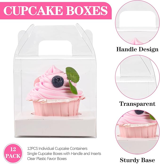 12 PCS Individual Cupcake Containers Single Cupcake Boxes with Handle and Inserts Clear Plastic Favor Boxes