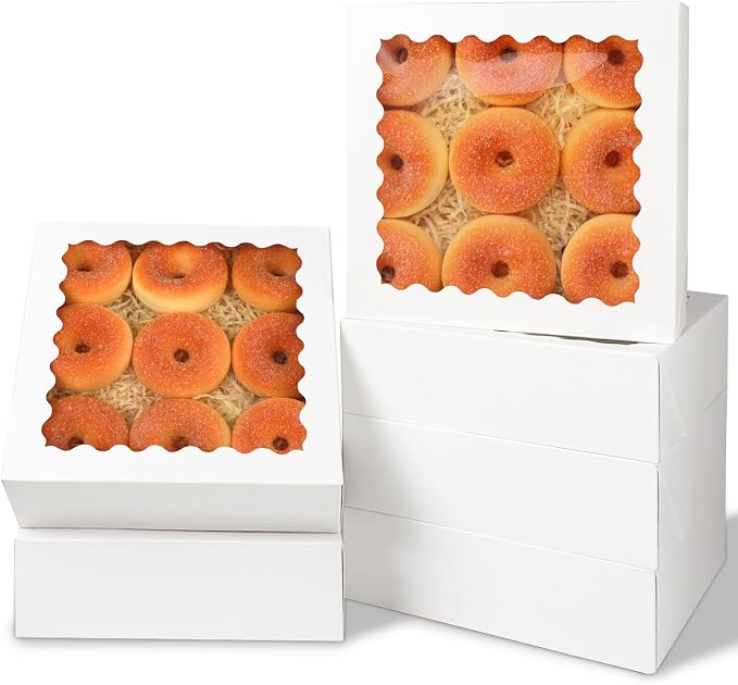 qiqee 9x9x2.5 Inch White Pie Boxes with Window 12Packs Cookie Donut Bakery Box (Auto-pop Up)