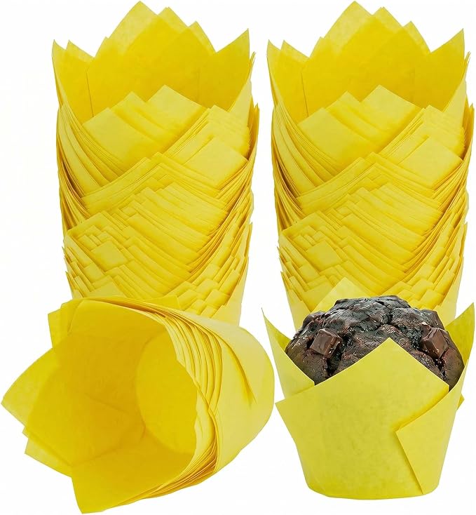 200 Pcs Yellow Tulip Cupcake Liners for Baking, Standard Size | Standard Greaseproof Tulip Muffin Liners for Baking, 3oz Yellow Paper Cupcake Wrappers for Party Wedding Birthday
