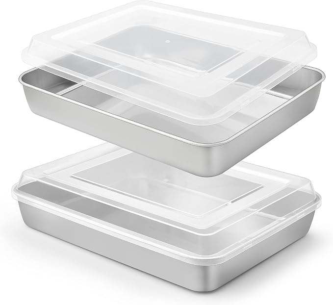 Herogo Baking Pan with Lid (2 Pans + 2 Lids), 9 x 12 Inch Stainless Steel Lasagna Baking Sets Deep, for Cakes Brownies Casseroles, Dishwasher Safe