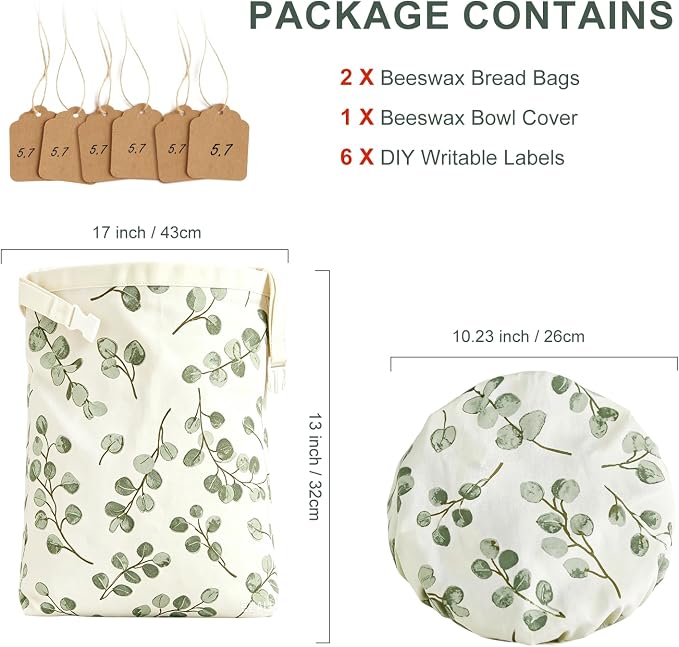 Beeswax Bread Bags 2 Pack Reusable Sourdough for Homemade, Large Washable Cotton Linen Food Storage with Removable Wax Liner, Plastic Free 17x13 Inch (Green Leaf)