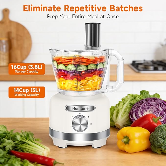 Homtone Food Processor, Large 16 Cup 9-in-1 Veggie Chopper for Dough/Fries | French Fry Cutting, Slicing, Shredding, Chopping, Kneading & Emulsifying, Easy Meals prep for Family, Party & Week, Beige