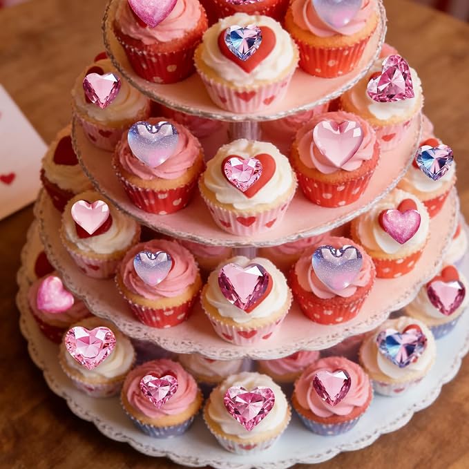 56PCS Edible Crystal Heart Cupcake Toppers Wafer Paper Pink Diamond Heart Cupcake Picks Be Mine Cake Decor for Valentine's Day Theme Engagement Party Decoration Supplies