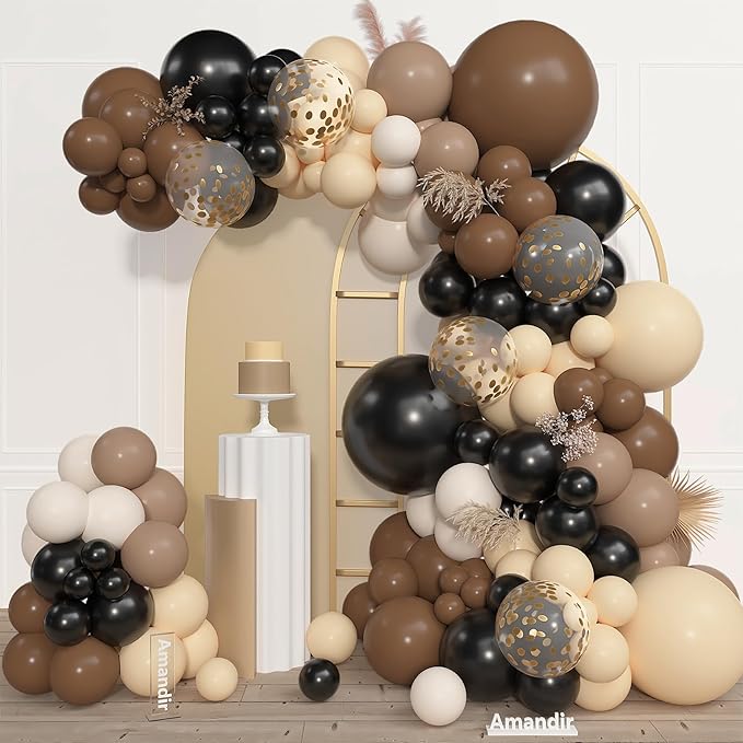 Amandir 153pcs Black Brown Balloon Garland Arch Kit, Different Sizes 18 12 10 5 inch Nude Sand White Latex Metallic Confetti Balloons for Western Country First Rodeo Farm Birthday Party Decorations