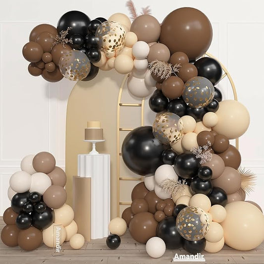 Amandir 153pcs Black Brown Balloon Garland Arch Kit, Different Sizes 18 12 10 5 inch Nude Sand White Latex Metallic Confetti Balloons for Western Country First Rodeo Farm Birthday Party Decorations