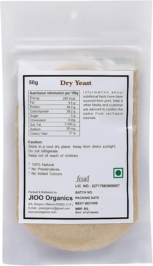 Jioo Organics Dry Yeast Instant Active Dry Yeast for Making Bread or Pizza Pack of 1 Yeast Powder for Baking (50 Grams)