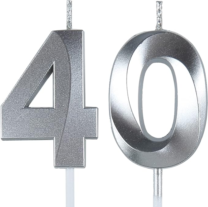 Silver 40th Birthday Candles, Number 40 Cake Topper for Birthday Decorations Party Decoration