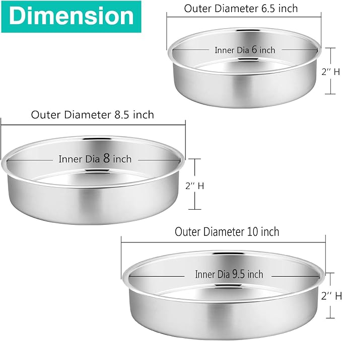 P&P CHEF Cake Pan Set of 3, 6" + 8" + 9.5" Round Baking Layer Tier Cake Pans Tins, Stainless Steel Bakeware for Birthday Weeding, Heavy Duty & Non Toxic, Mirror Finish & Dishwasher Safe