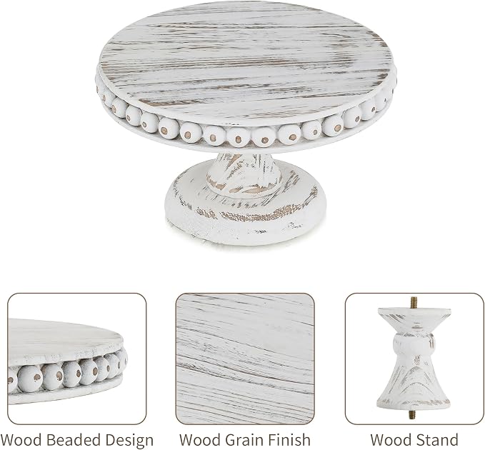 Hanobe Small Wood Cake Stand: White Cupcake Pedestal Stand 8 inch Dessert Display Riser Rustic Round Cakes Holder Tray Vintage Beads Wooden Plate for Wedding Birthday Decor