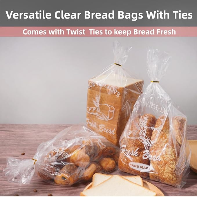 Bread Loaf Packing Bags with Ties, Large Bakery Bread Plastic Bags, 8' x 4' x 18', 100 Pack, Reusable Adjustable