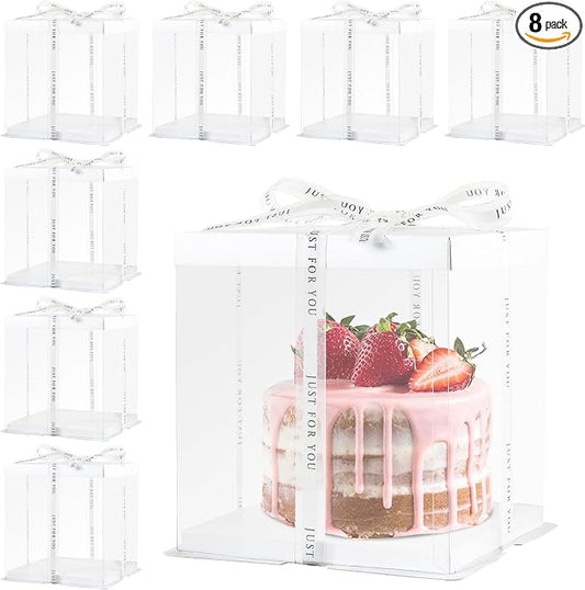 8Pcs Tall Cake Boxes Clear Box with Ribbon, 8x8x9 inch, for 6" cajas para pasteles Tiered Cakes,Transport Gift Boxes for Wedding and Gift Display. (Cream, 8 * 8 * 9 inch/8pcs)