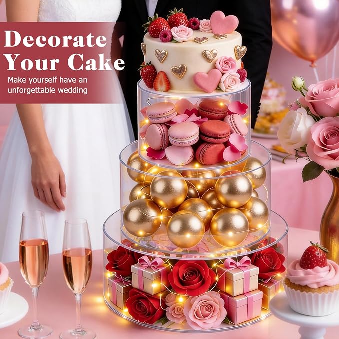 SAMYUCHO Acrylic Cake Stand with Led Lights, 3 PCS Round Cake Riser | 6"Dx4"H 8"Dx4"H 10"Dx4"H, Tight Lid Design, DIY Decoration, Reusable Clear Display Cake Tier, For Party Wedding