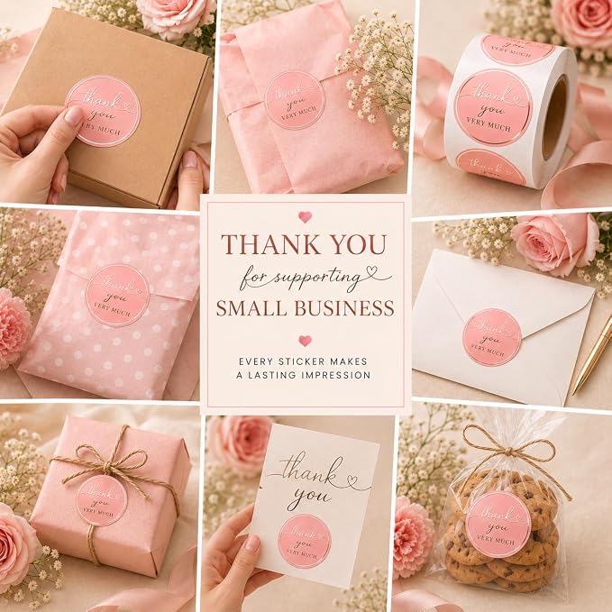 Thank You Stickers for Small Business – 500 Blush Pink Round Stickers with Rose Gold Foil, 1.5 Inch Waterproof Adhesive Labels for Packaging, Gifts & Envelopes