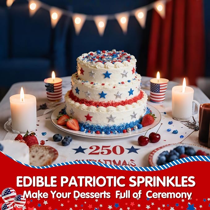 Patriotic Sprinkles for Cake Decorating,6 Cell-6.7oz,July 4th Edible Sprinkle Baking Decorations,Blue Red White Silver Pearls Nonpareils Confetti and Stars-Shape Sanding Sugar Mix,for Cookies,Ice Cream,Fondant Cake,Cupcakes,Desserts Decorating,May Day,...