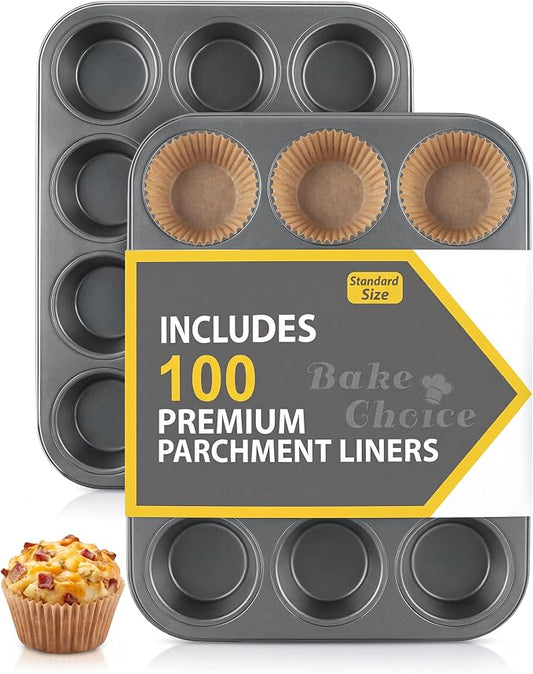 Bake Choice 2 Pack Muffin Pan for Baking, Standard Cupcake Pan includes 100 Natural Cupcake Liners, Muffin Tin Nonstick 12 Cup, Baking Pans Set, Carbon Steel Baking Supplies