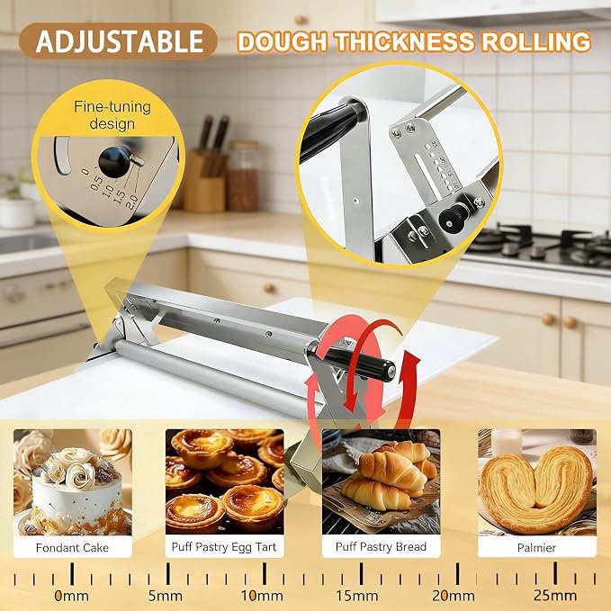 Commercial Grade Manual Dough Roller Machine, Folding Dough Sheeter, with 0-25mm Adjustable Thickness Settings for Baking Pizza, Pastries, and Fondant at Home or Bakery