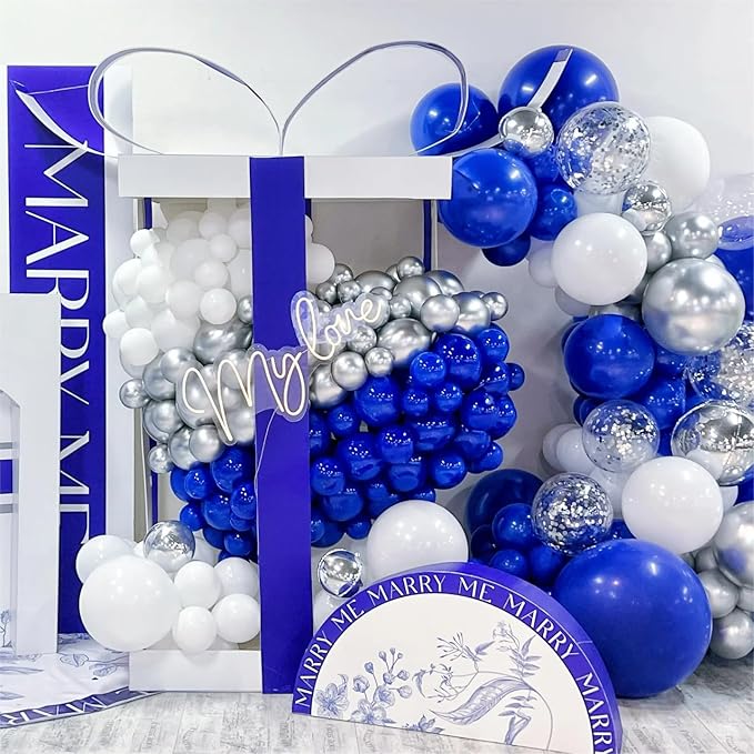 136pcs Blue White Silver Balloon Garland Kit - 18/12/10/5 Inch Royal Blue, Silver Confetti Balloon Arch for New Year, Graduation, Birthday, Father’s Day Decor