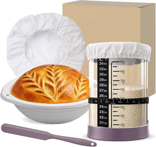 Sourdough Starter Kit, 9" Proofing Basket with 30oz Jar & Purple Lid | 9" Wood Pulp Banneton Bread Basket Reduces Sticking, 30oz Glass Jar with Lid Keeps Fresh, For Home Baking, Beginners & Pros