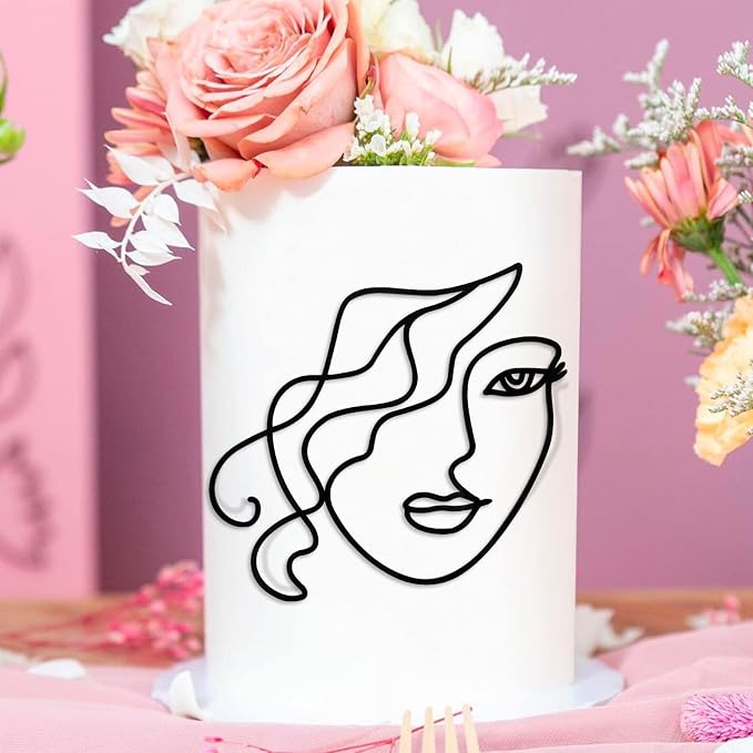 Minimalist Art Lady Face Boho Cake Topper for Birthday & Wedding Decoration - Acrylic, Black