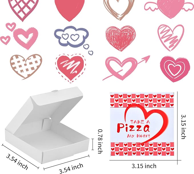 50 Pcs Mini Pizza Box Valentine Square Cardboard Mini Pizza Box with Valentine Sticker for Celebrations Party Favors Christmas Birthdays Valentines Day Weddings（3.54 x 3.54 x 0.78 inches)）