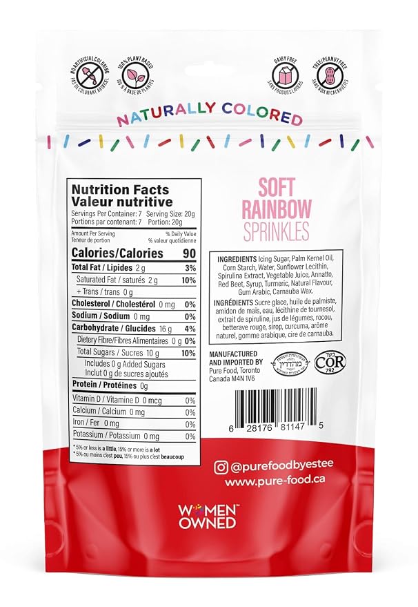 Pure Food By Estee Natural Soft Rainbow Color Sprinkles, 5oz (2 Pack) | Vegan | Dye Free Rainbow Jimmies for Baking | Natural Colors | Soy Free, Gluten Free, Dairy Free, Nut Free
