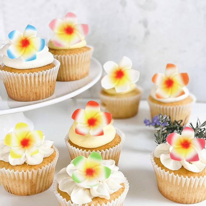 40Pcs Edible Frangipani Cupcake Toppers Edible Summer Hawaii Flowers Cupcake Picks for Hawaiian Floral Bridal Shower Engagement Wedding Cake Decors Hawaii Girls Birthday Party Decorations