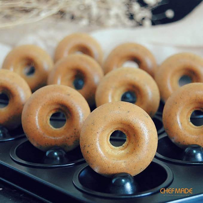 CHEFMADE Donut Pan, Nonstick Mini 12 Cavity Ring Doughnut Pan for Baking Donuts Bagels, Set of 2 (Black)