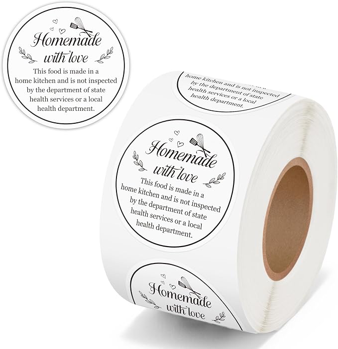PANTIDE Cottage Food Law Labels Stickers - 500 Count Homemade with Love Adhesive Round Decal Roll, Made in a Home Kitchen Inspection Statement Thermal Printed for Baked Food Packaging (2 x 2 Inch)