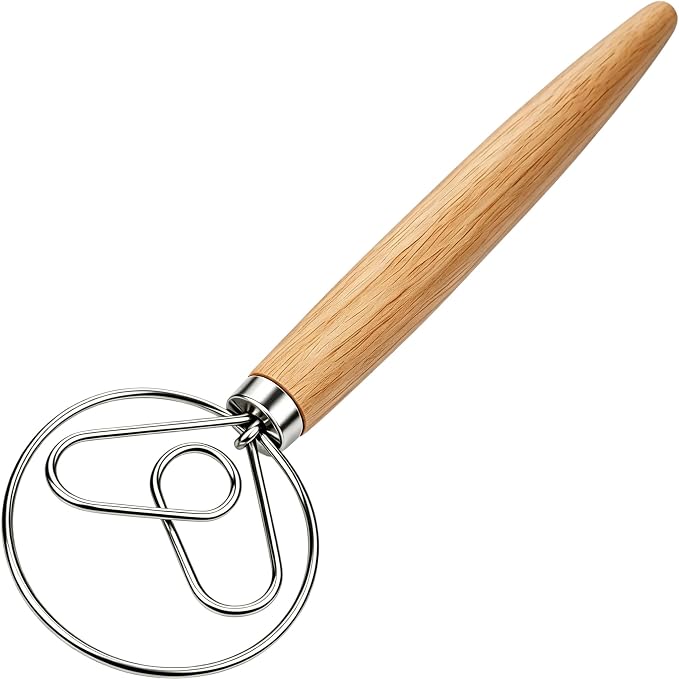 Danish Dough Whisk Stainless Steel Hook Dutch Bread Mixer for Sourdough Baking Hand Tool with Wooden Handle Making Blending Pastry Pizza Dough