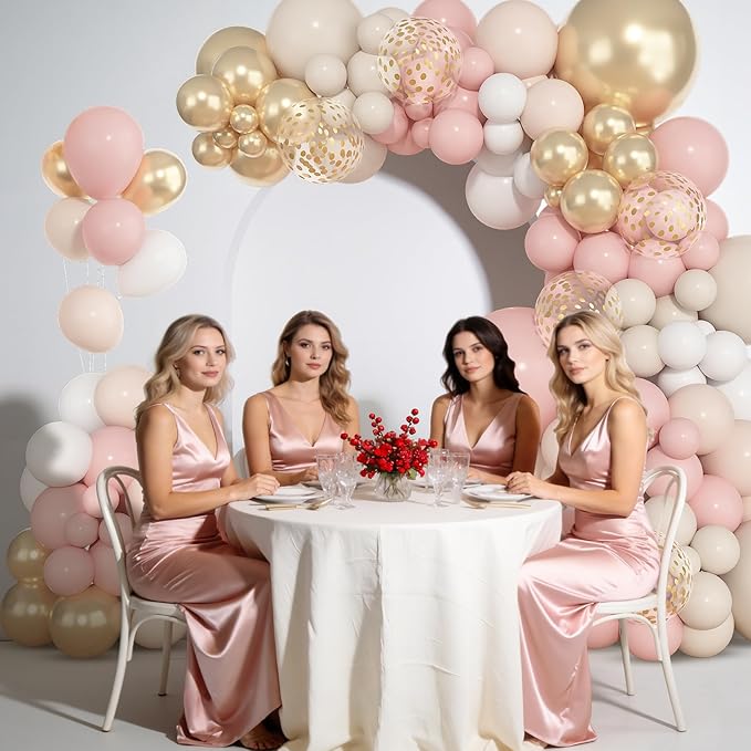 Amandir 153pcs Dusty Pink and Gold Balloon Garland Arch Kit, Different Sizes 18 12 10 5 inch Blush Pink White Sand Latex Metallic Confetti Balloons for Boho Bridal Wedding Birthday Party Decorations