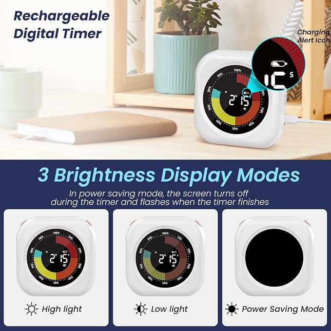 PERSUPER Visual Timer for Kids, 10 Hours Countdown/Up, with Rechargeable, 3 Volume Levels, 3 Brightness Display, and Magnetic, Homeschool Study Tool, Large Digital Timers for Classroom (2 Packs)