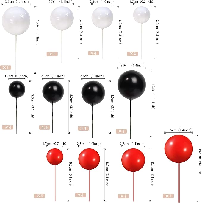 24 PCS Colorful Balls Cupake Toppers Mini Balloon Cake Toppers DIY Foam Ball Cake Insert Decoration for Wedding Anniversary Baby Shower Birthday Party Decorations Supplies Black White Red