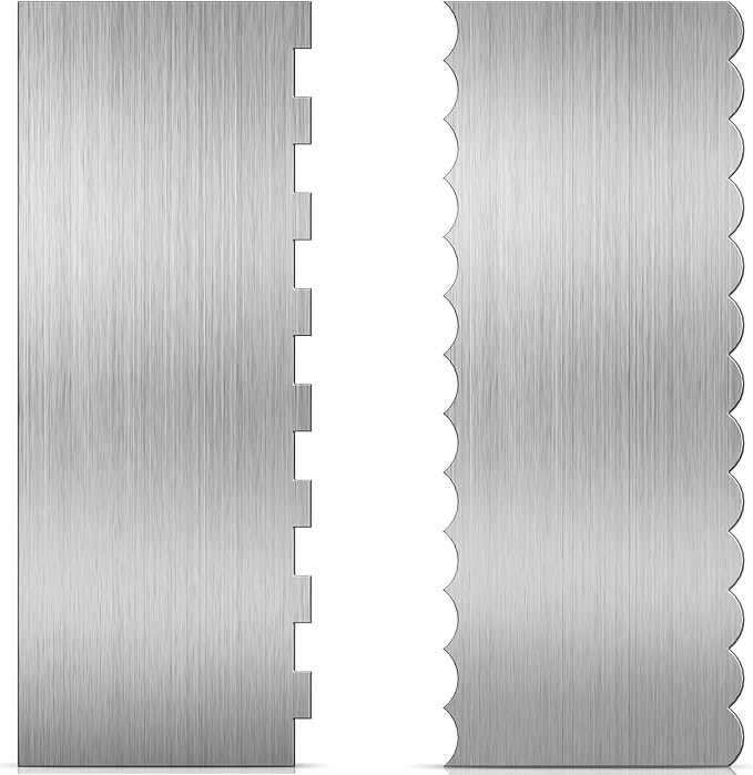 8.5 Inch Stainless Steel Cake Scraper Metal Cake Smoother Contour Double Sided Patterned Stripe Tool Pastry Cutter Leveler for Shapes of Mousse Butter Cream Cake Edges Decoration (Scraper 1#)