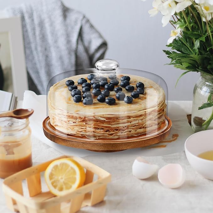 Yangbaga 11IN Wood Cake Stand with Dome Lid, Rotating Cake Stand with Glass Dome- Cake Plate with Cover for Baking Gifts/Birthday Kitchen/Party/Weddings