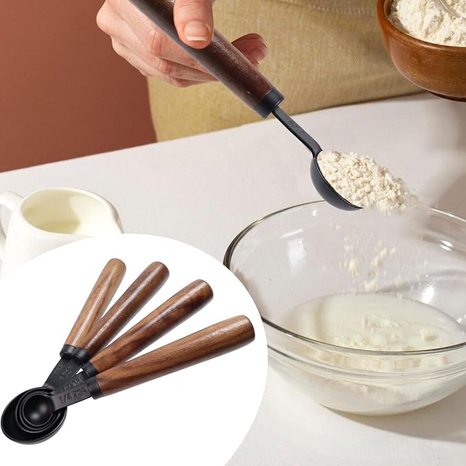 Set of 4 Measuring Spoons Black Measuring Scoops with Wooden Handle Stainless Steel Measuring Spoons Set for Kitchen Flour Spice Seasoning Measurement (15ml+5ml+2.5ml+1.25ml)