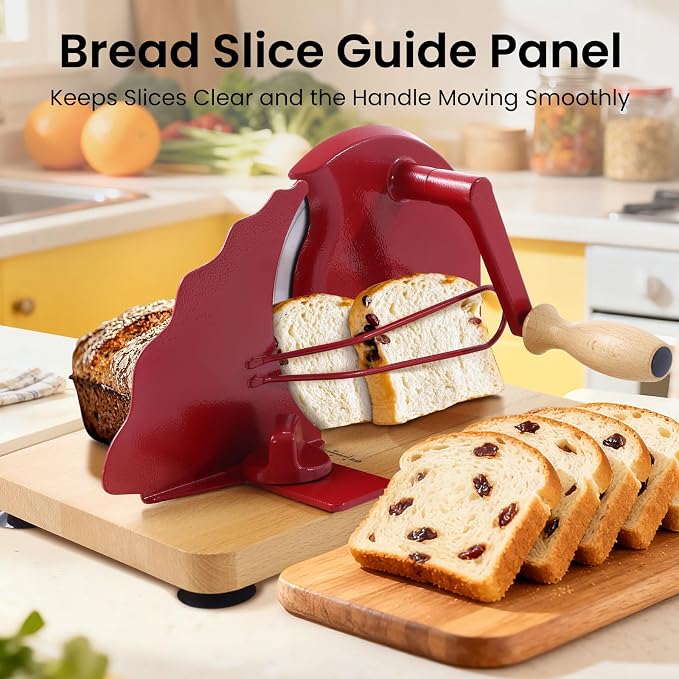 Manual Bread Slicer for Homemade Bread, Bread Cutter for Adjustable and Even Slices, Classic Hand Crank Sourdough Slicer with Scale Line & Powerful Suction Cup, Sharp Stainless Steel Blade (Red)