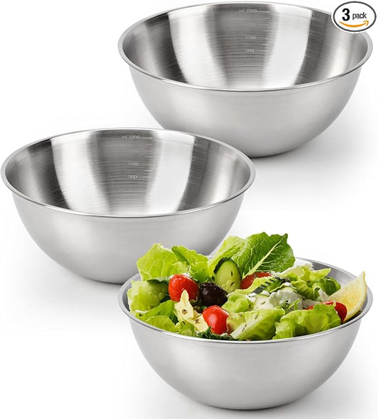 3-Piece Stainless Steel Mixing Bowls (8.26") Metal Bowl Set with Measurement Marks, Dishwasher Safe & Stackable - Perfect for Baking, Salad Making, Meal Prep