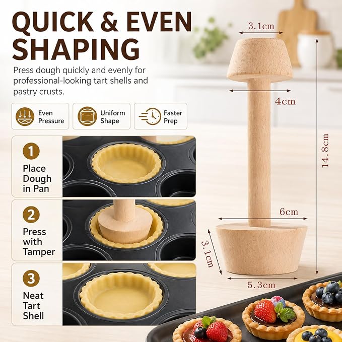 Wooden Tart Tamper, Double Side Pie Pastry Dough Tamper, Egg Tart Pan Mold DIY Cake Pastry Baking Tool for Mini Egg Tart, Cheesecakes, Pasta and Dessert Baking