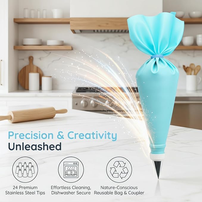 26PCS Cake Decorating Kit, Stainless Steel Piping Tips Set with Reusable Pastry Bag & Coupler, Icing Tips for Cupcake, Baking, DIY Dessert Decorating Tools (Bag Included)