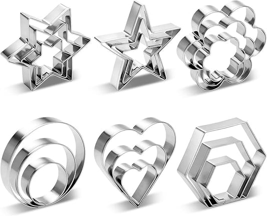18Pcs Cookie Cutters Set,Stainless Steel Biscuit Cutter Shapes with Heart,Star, Flower, Round,Hexagon,Large Small Mini Sizes Variety Pack Cookie Molds for Baking,Sandwiches, Cake,Fruit,Veggie
