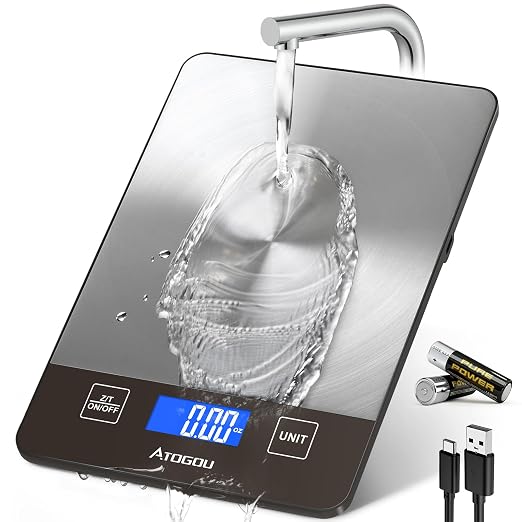 Atogou Food Scale - 33lb Digital Kitchen Scale Ounces Grams, Rechargeable & Full-View Display, Water-Resistant, Batteries or USB-C Charging, Stainless Steel, for Cooking, Meal Prep, Package (Grey)