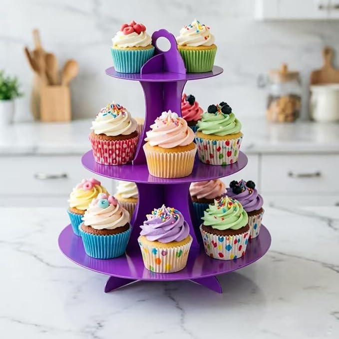 YLDW Cupcake Stand, 3-Tier Cupcake Stand Display, Cardboard Cup Cake Tower Stand, Disposable Dessert Stand for Birthday Tea Party Baby Shower Treat Decorations, Purple