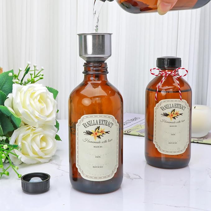 YINGERHUAN 8oz Glass Vanilla Extract Bottles,10 Pack Round Amber Glass Boston Bottles with Caps ， Stickers and Funnel ，Applicable to Essential Oils, Wedding, Christmas